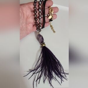 Chico's amethyst natural pearls ostrich feather long necklace purple lk new!